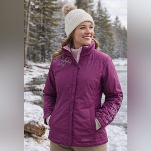 LL Bean Women's Sz S Reversible Primaloft Winter Jacket Floral Embroidered Coat